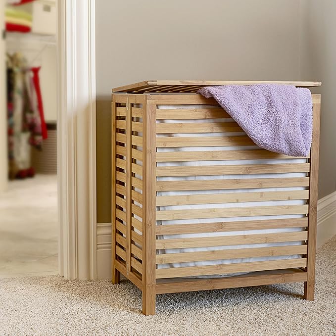 Household Essentials Bamboo Laundry Hamper, Slated Hamper with Natural Cotton Bag, Removable Bag and Foldable Frame, Chic and Environmentally Friendly