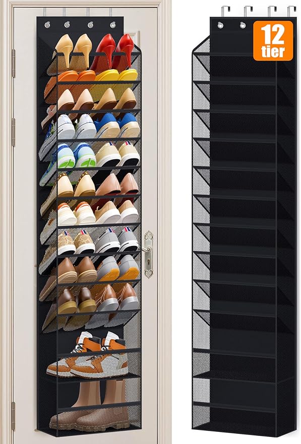 MISSLO 12 Tier Over the Door Shoe Organizer Hanging Shoe Rack for Closet Storage Sneaker Holder for Door Fit 24 Pairs Sandals, Heels, Boots (Black)