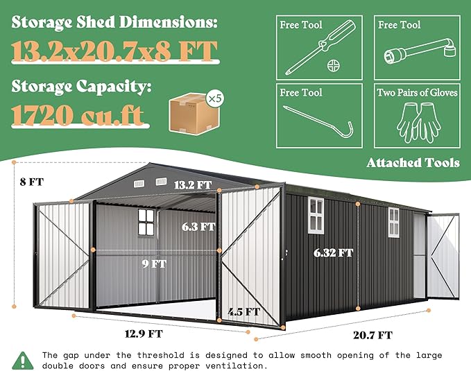 AMERLIFE 13x21x8 FT Outdoor Metal Garage Shed, Extra Large Storage Shed with Double Hinged Doors, 4 Windows, Heavy Duty Carport for Cars, Boats, Trucks and Equipment Storage, Dark Gray