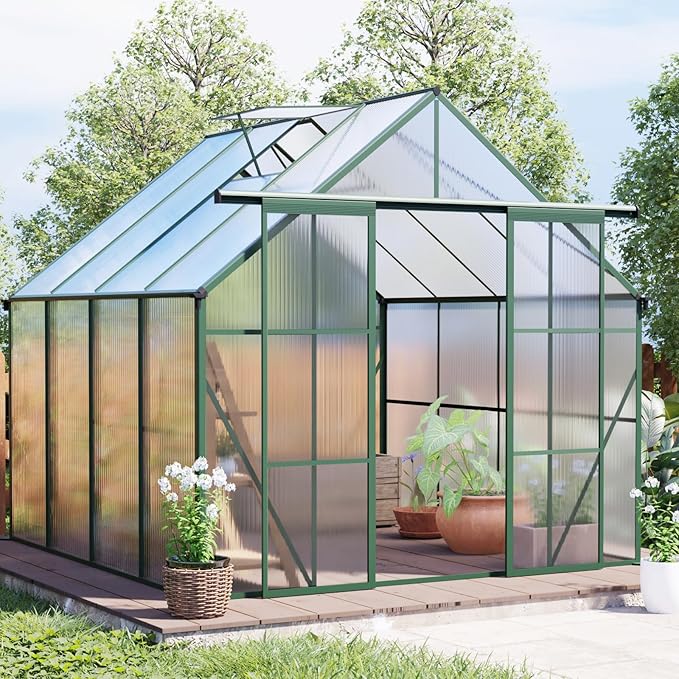 Double Sliding Door Polycarbonate Greenhouse with Rain Gutter and Roof Vent, Raised Base and Anchor Aluminum Heavy Duty Walk-in Green House, Outdoor Patio Sunroom (Green, 97.75*94.5*89.5in)