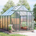 Double Sliding Door Polycarbonate Greenhouse with Rain Gutter and Roof Vent, Raised Base and Anchor Aluminum Heavy Duty Walk-in Green House, Outdoor Patio Sunroom (Green, 97.75*94.5*89.5in)
