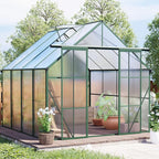 Double Sliding Door Polycarbonate Greenhouse with Rain Gutter and Roof Vent, Raised Base and Anchor Aluminum Heavy Duty Walk-in Green House, Outdoor Patio Sunroom (Green, 97.75*94.5*89.5in)