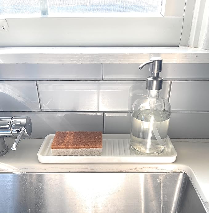 Happitasa Silicone Kitchen Sink Organizer Tray, Sponge Holder and Countertop Protector | Bathroom and Kitchen Soap Dish and Dispenser Tray (Vanilla Cream, 12"x4", 9.2 Ounces)