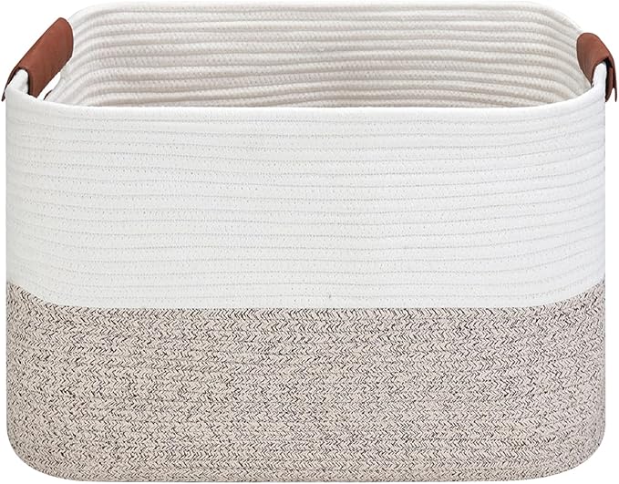 Small Cotton Rope Storage Basket with Leather Handles, 15 "L x 11.5" W x 7.5 "H, Home Decor Basket, Durable & Stylish Organizer for Home.(Small Brown)