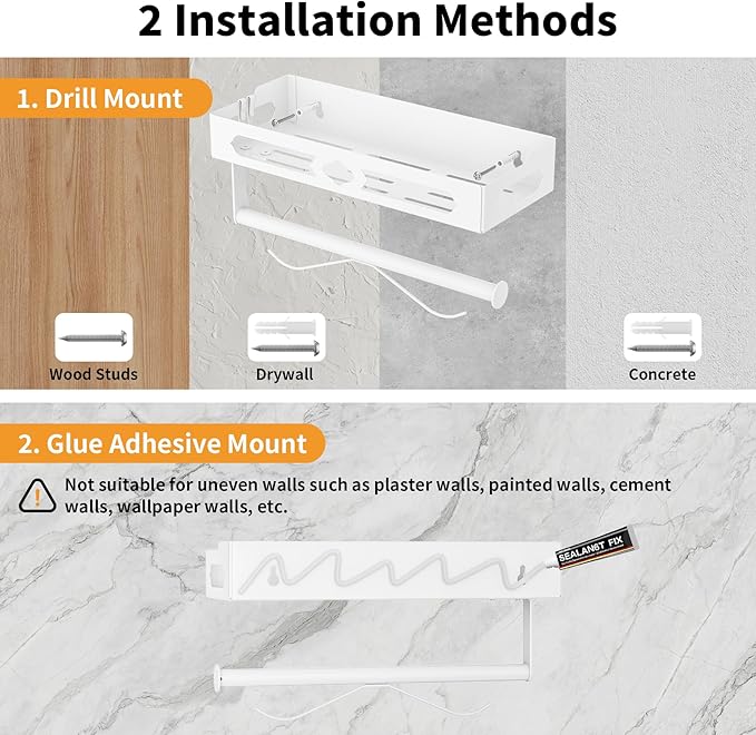 White Paper Towel Holder Wall Mount with Shelf - Adhesive Hand Towel Rack, Space-Saving for Bathroom, Kitchen, RV Camper