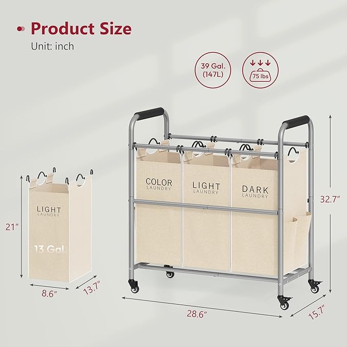 Tajsoon 3 Colors Laundry Sorter Cart Plus Beige Laundry Sorter Cart