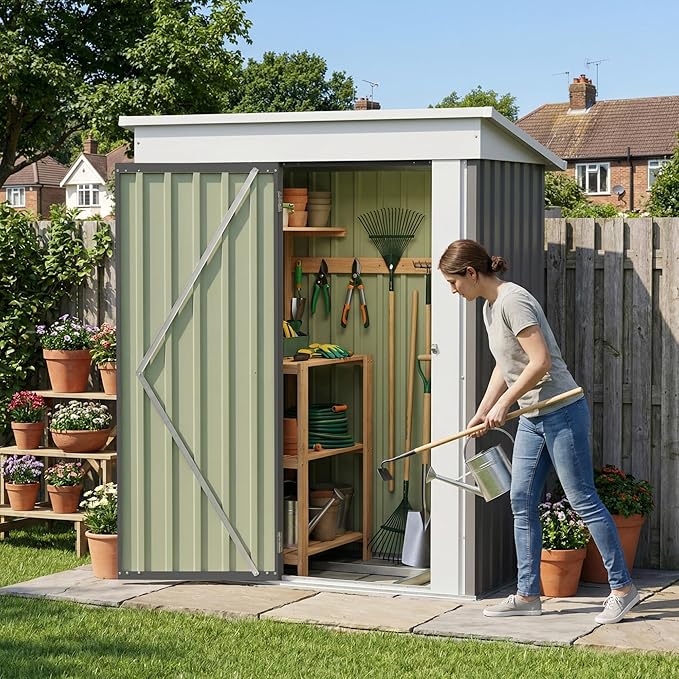Devoko 5 x 3 FT Metal Storage Shed with Floor Frame Waterproof Garden Tool Shed with Lockable Door, Outdoor Shed Storage House for Backyard Patio Lawn, Grey