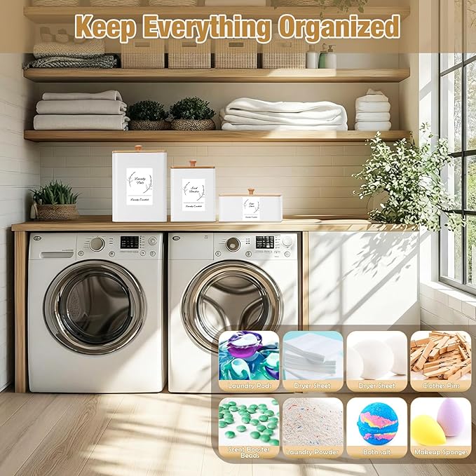 Vesici 3 Pcs Metal Laundry Pod Container 2 Pcs Scoops Dryer Sheet Holder Laundry Room Organizer Storage Jar with Airtight Wood Lid Label for Powder Detergent Dispenser Dryer Ball Bead Room Decor