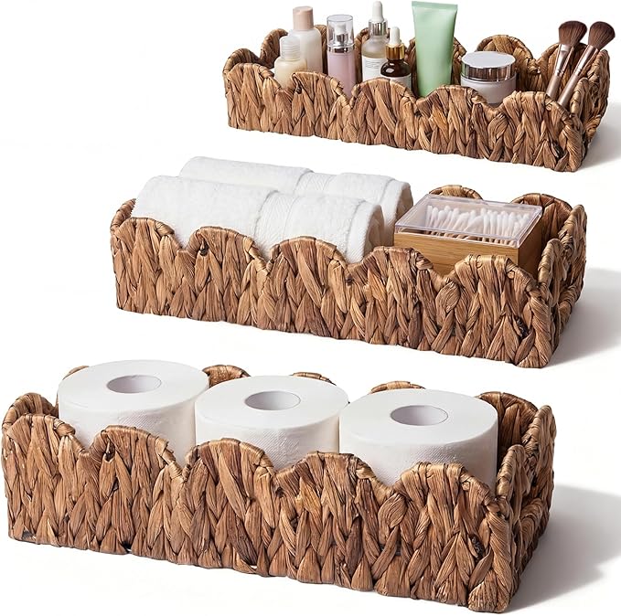 3Pack Toilet Paper Basket for Organizing Scalloped Edge Wicker Basket with Handles Toilet Tank Paper Holder Storage for Bathroom Bedroom Countertop Shelf Decor(Brown,Water Hyacinth)