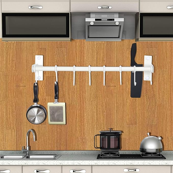 Dseap Pot Rack - Pots and Pans Hanging Rack Rail with 8 Hooks, Double Bars, Pot Hangers for Kitchen, Wall Mounted, White