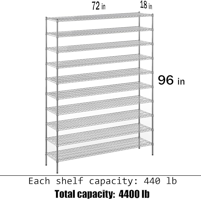 18" Deep x 72" Wide x 96" Height Wire Shelving Kit | 10-Tier | NSF Commercial Storage Rack Unit