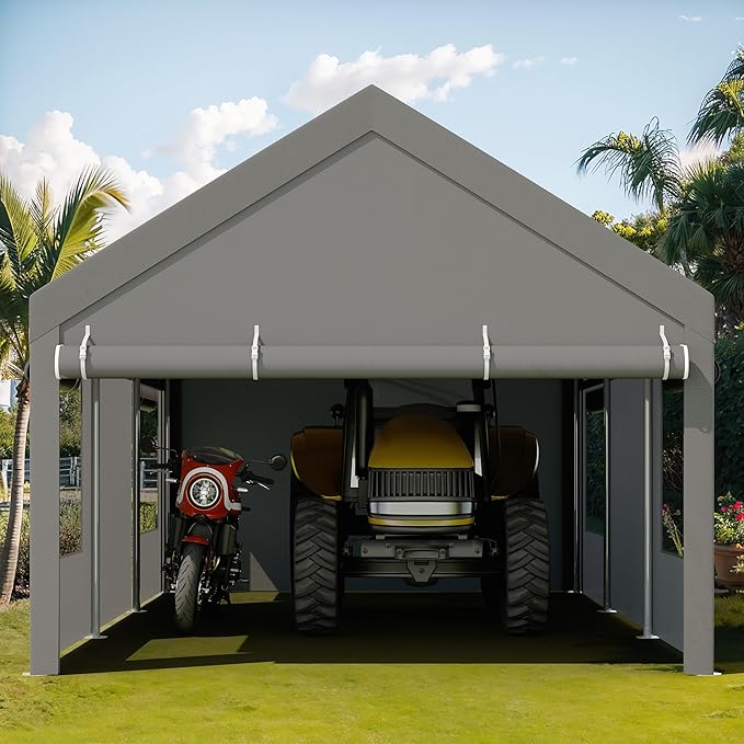 JY QAQA Carport, 12x20 FT Heavy Duty Carport with Roll-Up Window and Sandbags, Portable Garage with Removable Side Walls and Doors, Car Canopy with All-Season Tarp for Cars, Trucks, Boats, Grey