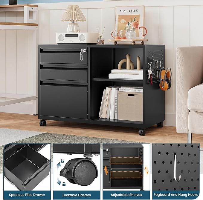 MIIIKO File Cabinet 3 Drawer, Mobile Filing Cabinets with Shelf, Home Office Rolling File Storage Cabinet with Lock, Metal Printer Stand with Casters Office Storage A4, Letter Legal File Folders