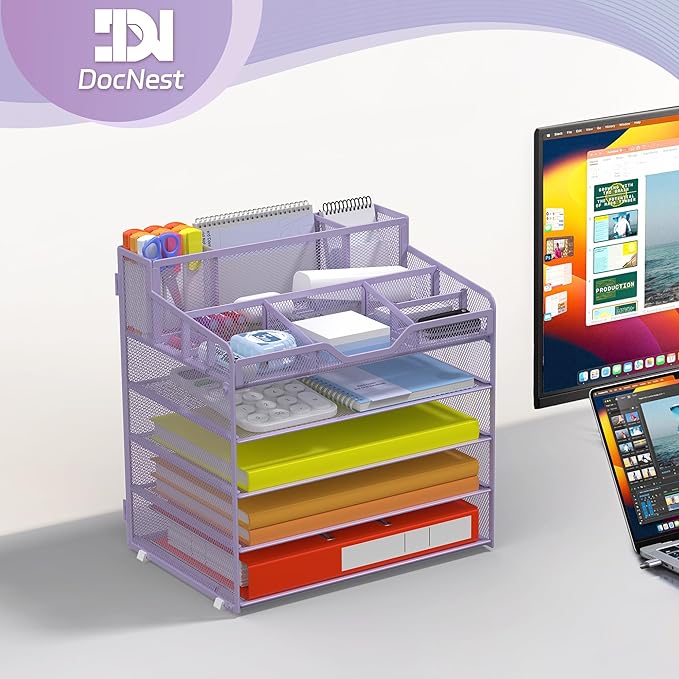 Docnest 5 Tier Mesh Desk Organizer for Paper Office Supplies – Multi-Functional Letter Tray with 5 Adjustable Compartments, 3 Pen Holders, Desktop Storage for Files, Mail, Stationery – Purple