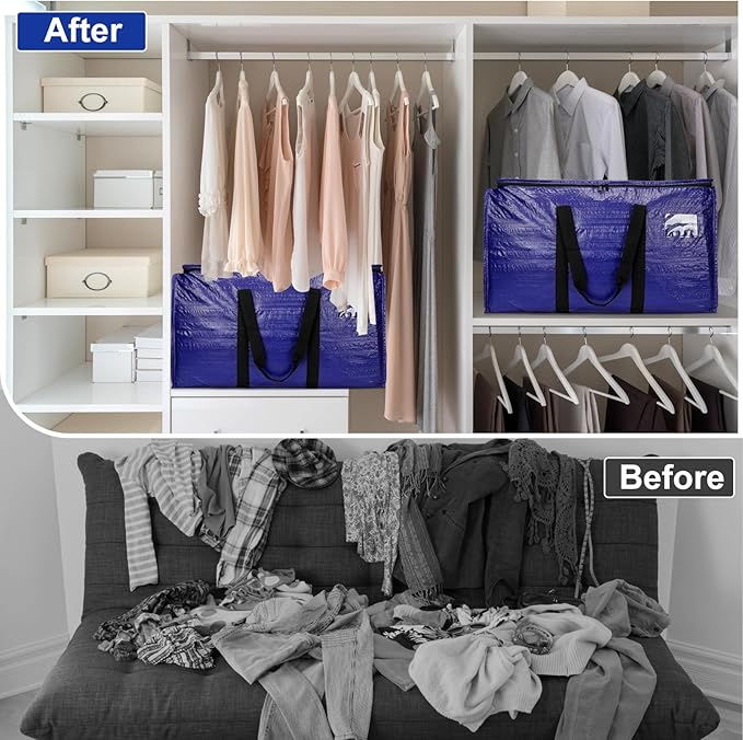 Cryster 6 Pack Moving Bags Heavy Duty, Extra Large Storage Totes Bag with Zippers and Sturdy Handles, Packing Bags for Moving, Storage, Travel, Space Saving, Moving Boxes College Essentials Blue