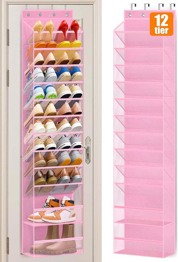 MISSLO 12 Tier Over the Door Shoe Organizer Breathable Mesh Hanging Shoe Rack for Closet Storage Shoe Holder for Door Fit 24 Pairs Sandals, Heels, Boots (Pink)