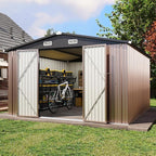 Aoxun 10x12 FT Outdoor Storage Shed - Metal Garden Tool Shed with Lockable Doors & Slooping Roof, Waterproof Outside Storage Shed Ideal for Tools, Garden Equipment & Bikes, Patio Placement(Brown)