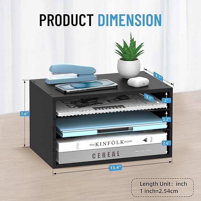 Wood Desk Organizer, 3 Tier Paper Tray Organizer for Desk with Adjustable Storage Shelves, Printer Stand Desktop File Organization Paper Sorter Mail Holder for Office Home Classroom, Black
