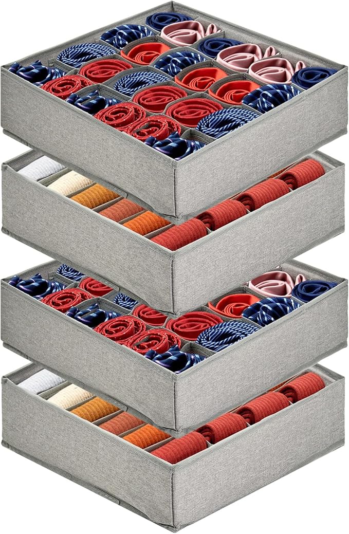 PINGMIC Gray Sock Organizer Divider 4 Pack - 24 Cell Foldable Closet Storage, Tie Organizer For Men Boxes for Socks, Ties, Belts