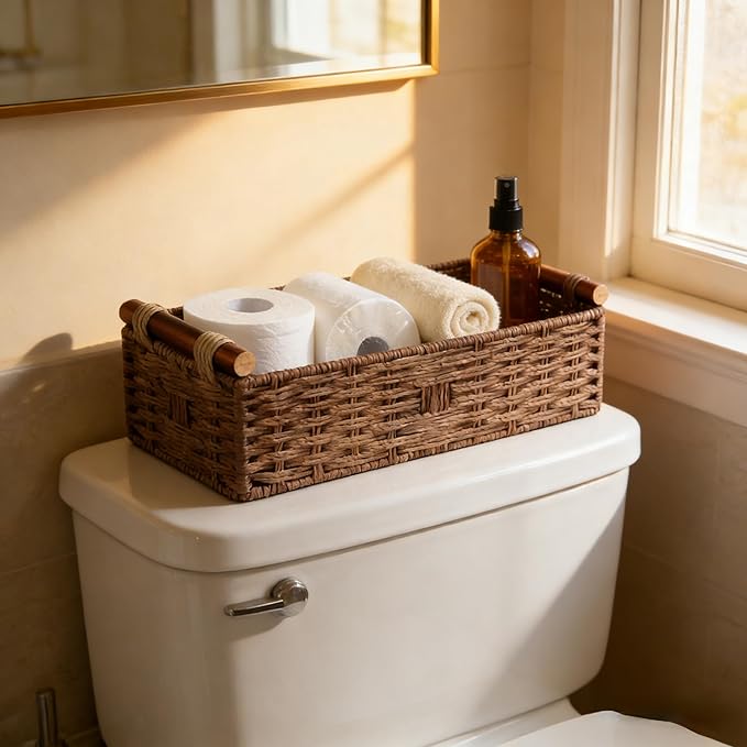 Back of Toilet Basket with Wood Handles, Brown Wicker Toilet Paper Basket for Toilet Tank Top, Narrow Toilet Tank Basket, Bathroom Basket Organizer for Wipes & Essentials