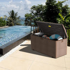 Outdoor Storage Box Waterproof, 180 Gallon Pro Lockable Resin Deck Box Large, Patio Storage Bin for Pool Accessories Cushion Furniture, Garden Tools, UV-Resistant Outside Delivery Brown