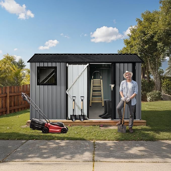 10' x 8' XL Outdoor Storage Shed, Sturdy Metal Building w/Floor and Operable Window for Garden, Backyard, Poolside and Lawn, Grey