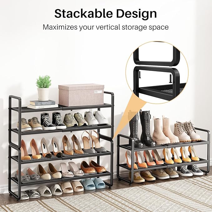 SNTD Shoe Rack - Expandable Shoe Organizer for Closet, Adjustable Metal Shoe Shelf Storage, Stackable Long Shoe Stand Holder for Garage, Entryway, Door Entrance (Black, 2-Tier)