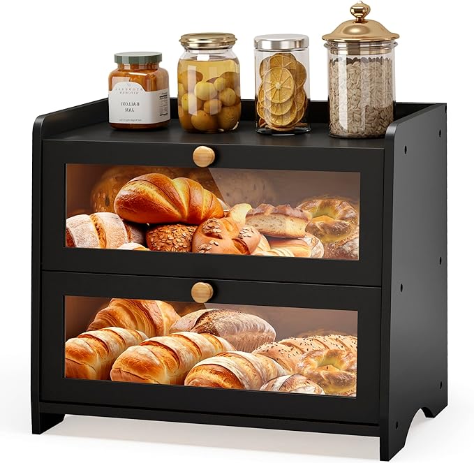 Double Layer Bread Box for Kitchen Countertop, Large Breadbox Bread Container Storage with Acrylic Door, Wooden Farmhouse Bread Holder (Black, Medim-15.7" L x 9.5" W x 13" H)