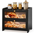 Double Layer Bread Box for Kitchen Countertop, Large Breadbox Bread Container Storage with Acrylic Door, Wooden Farmhouse Bread Holder (Black, Medim-15.7" L x 9.5" W x 13" H)