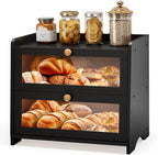 Double Layer Bread Box for Kitchen Countertop, Large Breadbox Bread Container Storage with Acrylic Door, Wooden Farmhouse Bread Holder (Black, Medim-15.7" L x 9.5" W x 13" H)