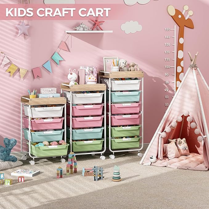 Utility Cart with Drawers,Craft Cart with 5 Drawers,Art Supply Organizer,Rolling Drawer Cart,Craft Storage Cart,Storage Drawer Carts With DIY Lable and Wooden Tabletop Area,Colorful