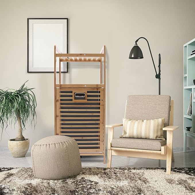 Bamboo Laundry Hamper with 2-Tier Shelves & Tilt Out Basket, Removable Clothes Basket Tower Organizer, Utility Laundry Sorter Cart Rolling with Clothes Hanging Rod for Bathroom