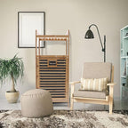 Bamboo Laundry Hamper with 2-Tier Shelves & Tilt Out Basket, Removable Clothes Basket Tower Organizer, Utility Laundry Sorter Cart Rolling with Clothes Hanging Rod for Bathroom