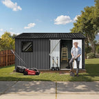 12' x 10' XL Outdoor Storage Shed, Sturdy Metal Building w/Floor and Operable Window for Garden, Backyard, Poolside and Lawn, Black