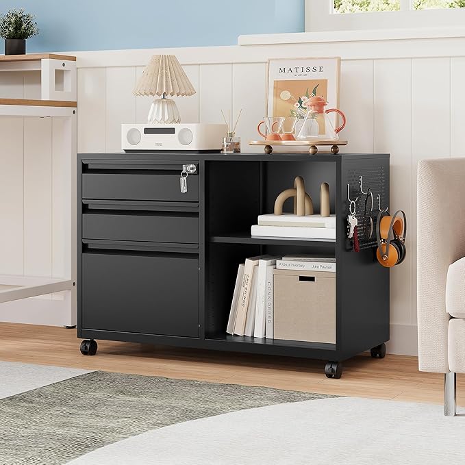 MIIIKO File Cabinet 3 Drawer, Mobile Filing Cabinets with Shelf, Home Office Rolling File Storage Cabinet with Lock, Metal Printer Stand with Casters Office Storage A4, Letter Legal File Folders