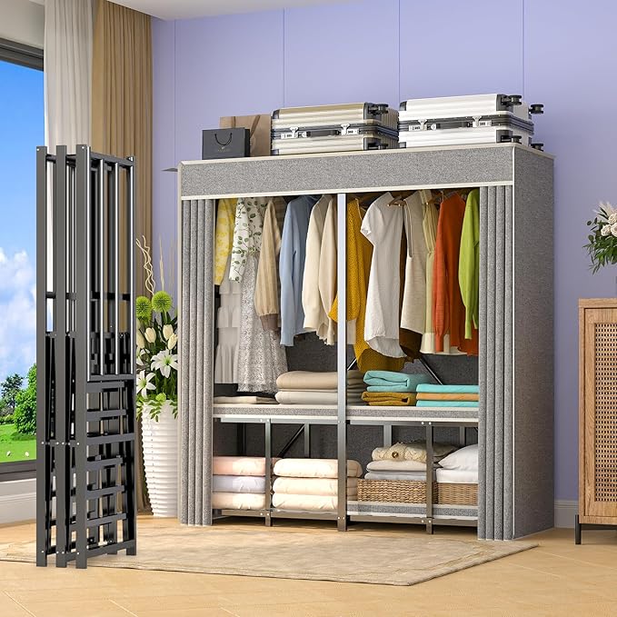 Premium Strong Heavy Duty Clothes Rack with Cover, 95% Assembled Freestanding Fordable Clothing Racks for Hanging Clothes, 71" Lx71 H,Black