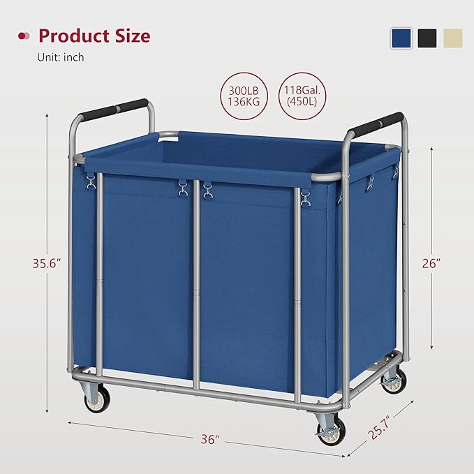 Tajsoon Large Laundry Cart with Wheels, 450L Heavy Duty Laundry Basket with Handle, Rolling Laundry Hamper for Clothes Storage, Clothes Sorter for Laundry, Hotel, Bathroom, Bedroom, Blue