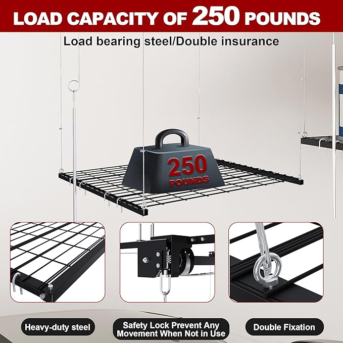 Hanging Garage Ceiling Storage Racks, Adjustable Overhead Garage Storage Lift, Mounted 4×4 FT Heavy-Duty Steel Platform for High Ceilings 10–12 FT, Supports 250 lbs for Everyday Use