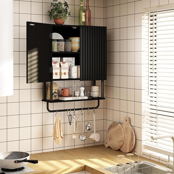 RUSTOWN Fluted Bathroom Wall Cabinet with 2 Doors, 3-Tier Modern Farmhouse Medicine Cabinet, Over The Toilet Storage Cabinet with Adjustable Shelf and Towel Bar (Black, Medium)