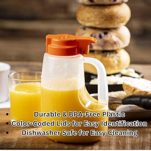 TableCraft PP64X Option Dispenser, 64 oz., 5-3/4" x 6-3/4" x 9", Graduated Markings, Dishwasher Safe, clarified Polypropylene, Plastic lid, Orange, BPA Free, Made in USA