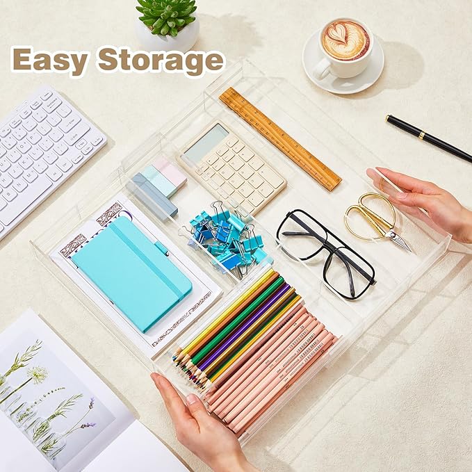 1 Pcs Acrylic Desk Drawer Organizer 9'' up to 18'' x 15'' x 2.1'' Expandable Drawer Organizer Trays with 7 Adjustable Compartments Clear Desk Accessories for Makeup Office Bathroom
