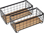 TIEYIPIN Metal Wire Storage Basket, Toilet Paper Roll Holder Wood Base Countertop Decor Box Toilet Tank Shelf Cabinet Organizer for Bathroom Pantry Garage Bedroom Livingroom (Black (2 Pack))