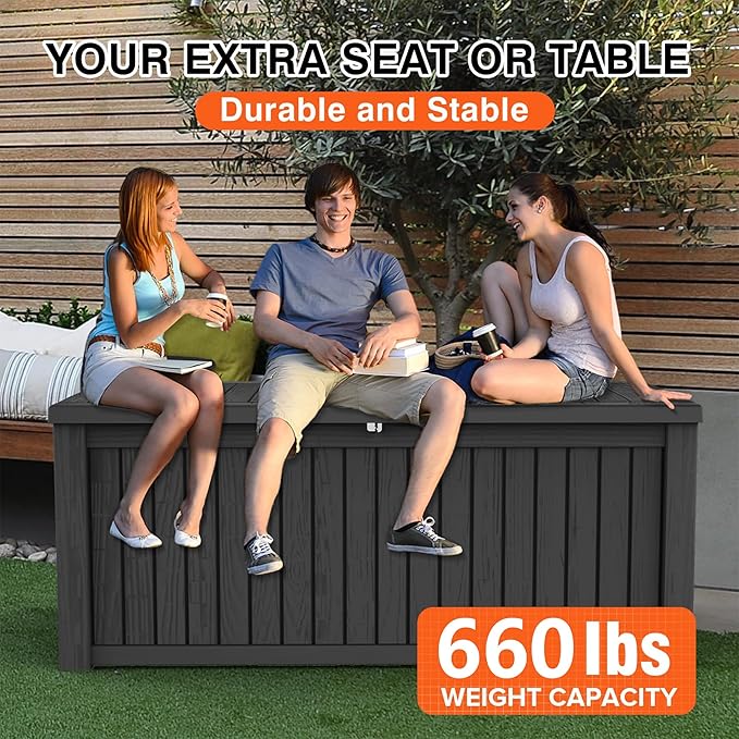 EasyUp 180 Gallon Deck Boxes Waterproof, Outdoor Large Storage Boxes with Lids, Outside Resin Storage Box & Deck Boxes for Patio, Garden Use(Black)