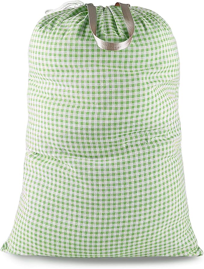 Extra Large Laundry Bag with Drawstring and Handle, Heavy Duty Travel Dirty Clothes Bag for Laundromat and Household, Durable Rip-Stop Laundry Hamper Liner, 28 x 40 Inch, Check Green
