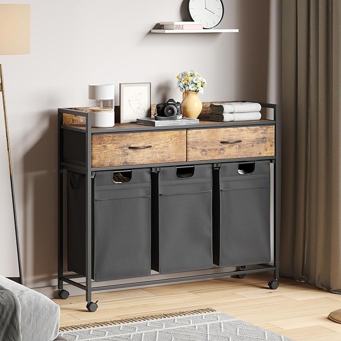 Laundry Sorter with 2 Drawers, 150L with Pull-Out Removable Laundry Bags, Laundry Hamper Baskets with 3 Section and Wheels, Rustic Brown and Black