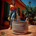 Modern Granny Small Cotton Rope Laundry Basket 16x10 Inch Dual Secure Woven Handle for Living Room Closet Clothes Blanket Organization