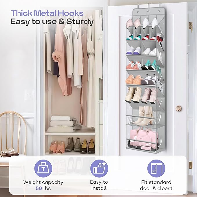 MISSLO Clear Over the Door Shoe Organizer Large Deep Pockets Hanging Shoe Rack for Closet Fit 20 Pairs Shoe Holder for Sneakers Boots Storage，Grey
