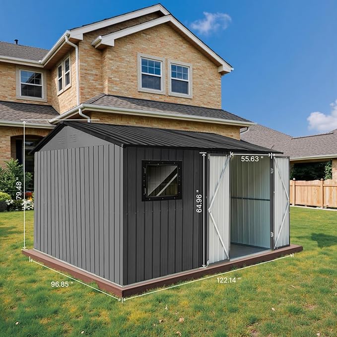 10' x 8' XL Outdoor Storage Shed, Sturdy Metal Building w/Floor and Operable Window for Garden, Backyard, Poolside and Lawn, Grey