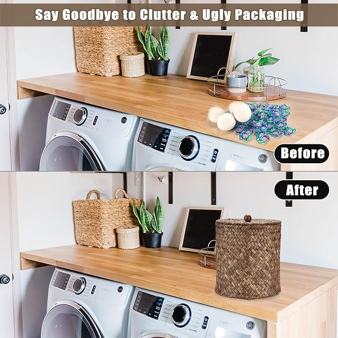 Sumnacon Wicker Laundry Pods Container with Lid, Natural Seagrass Pod Holder for Laundry Room Organization, Farmhouse Detergent Dispenser, Countertop Storage Basket Jars for Dryer Ball Laundry Sheets