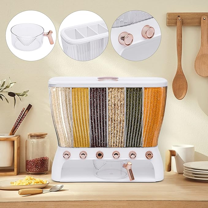 Dry Food Dispenser Wall Mounted 6 Grid Rice Dispenser Kitchen Storage